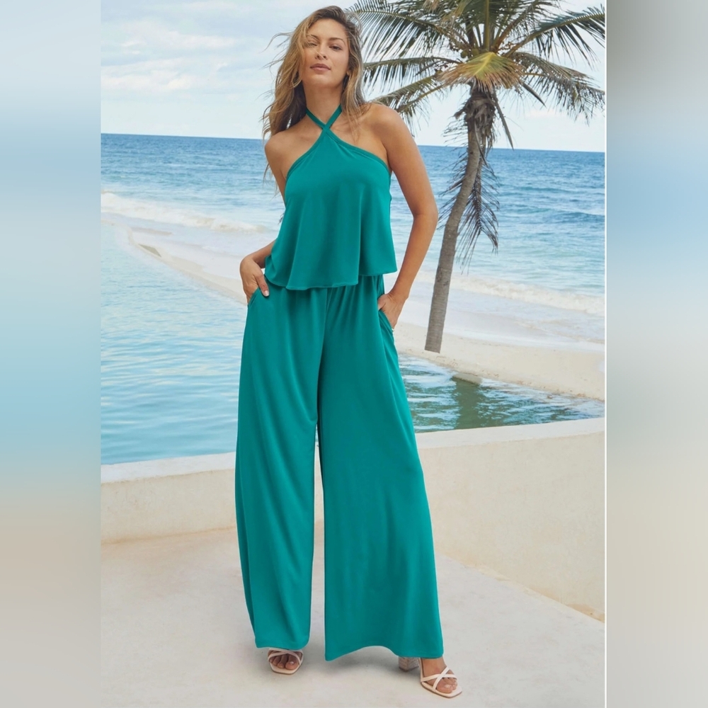 Teal Halter Wide-Leg Jumpsuit